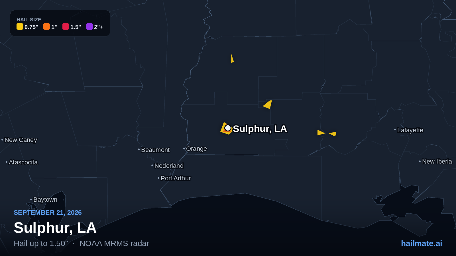 Hail swath map for Sulphur, LA on September 21, 2026 showing 1.50 inch hail.