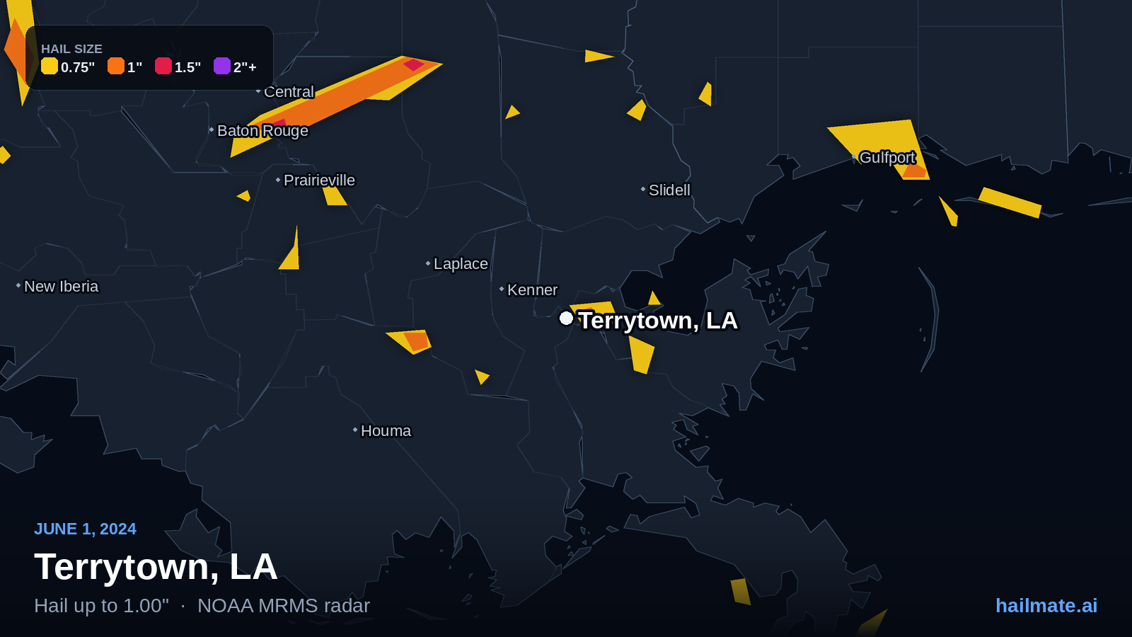 Hail swath map for Terrytown, LA on June 1, 2024 showing 1.00 inch hail.