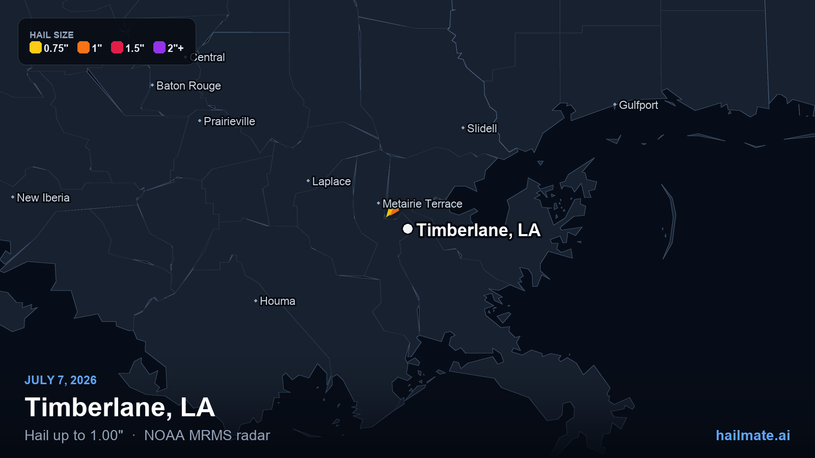 Hail swath map for Timberlane, LA on July 7, 2026 showing 1.00 inch hail.