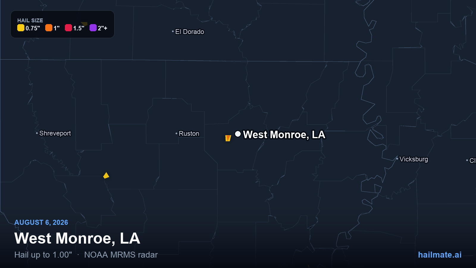 Hail swath map for West Monroe, LA on August 6, 2026 showing 1.00 inch hail.