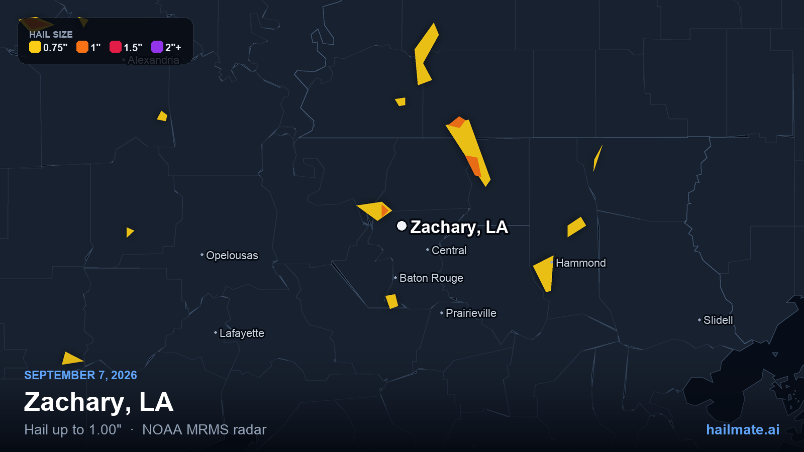 Hail swath map for Zachary, LA on September 7, 2026 showing 1.00 inch hail.