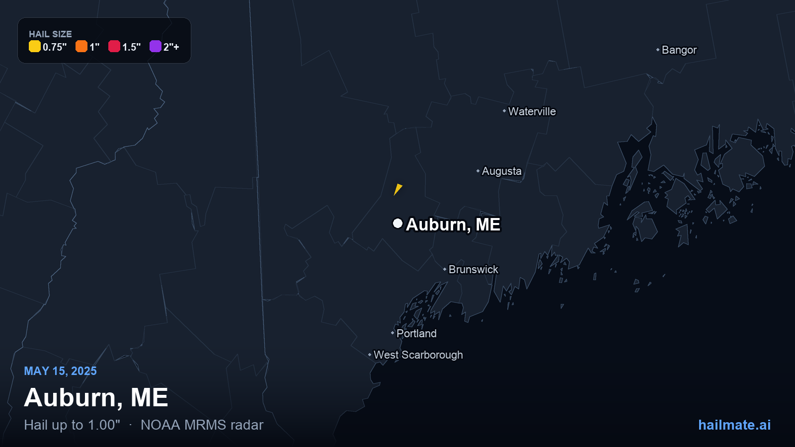 Hail swath map for Auburn, ME on May 15, 2025 showing 1.00 inch hail.