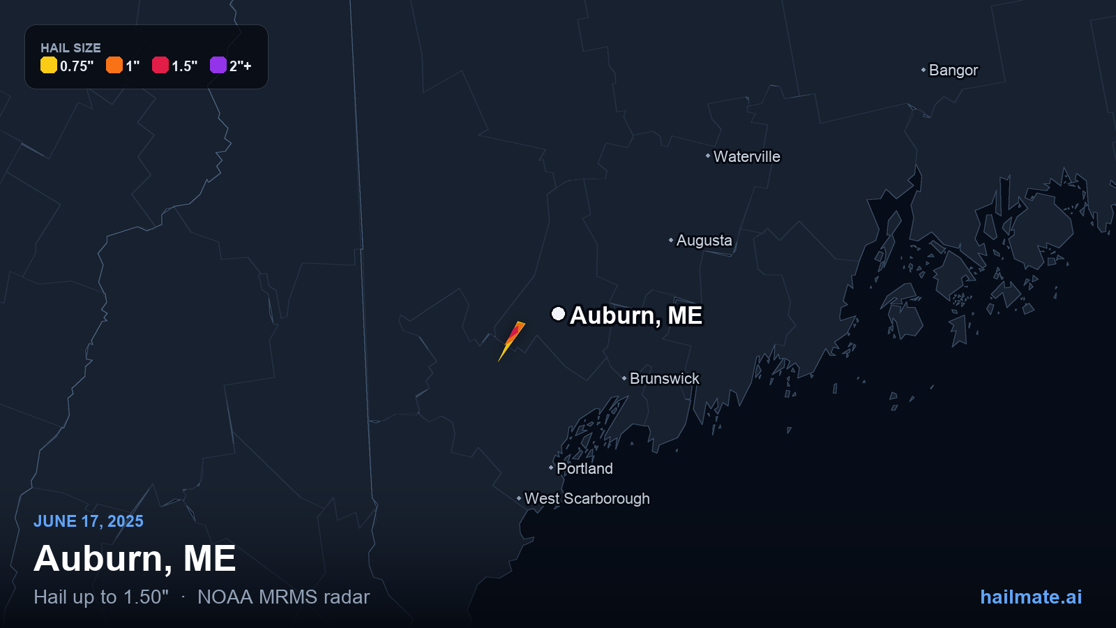 Hail swath map for Auburn, ME on June 17, 2025 showing 1.50 inch hail.