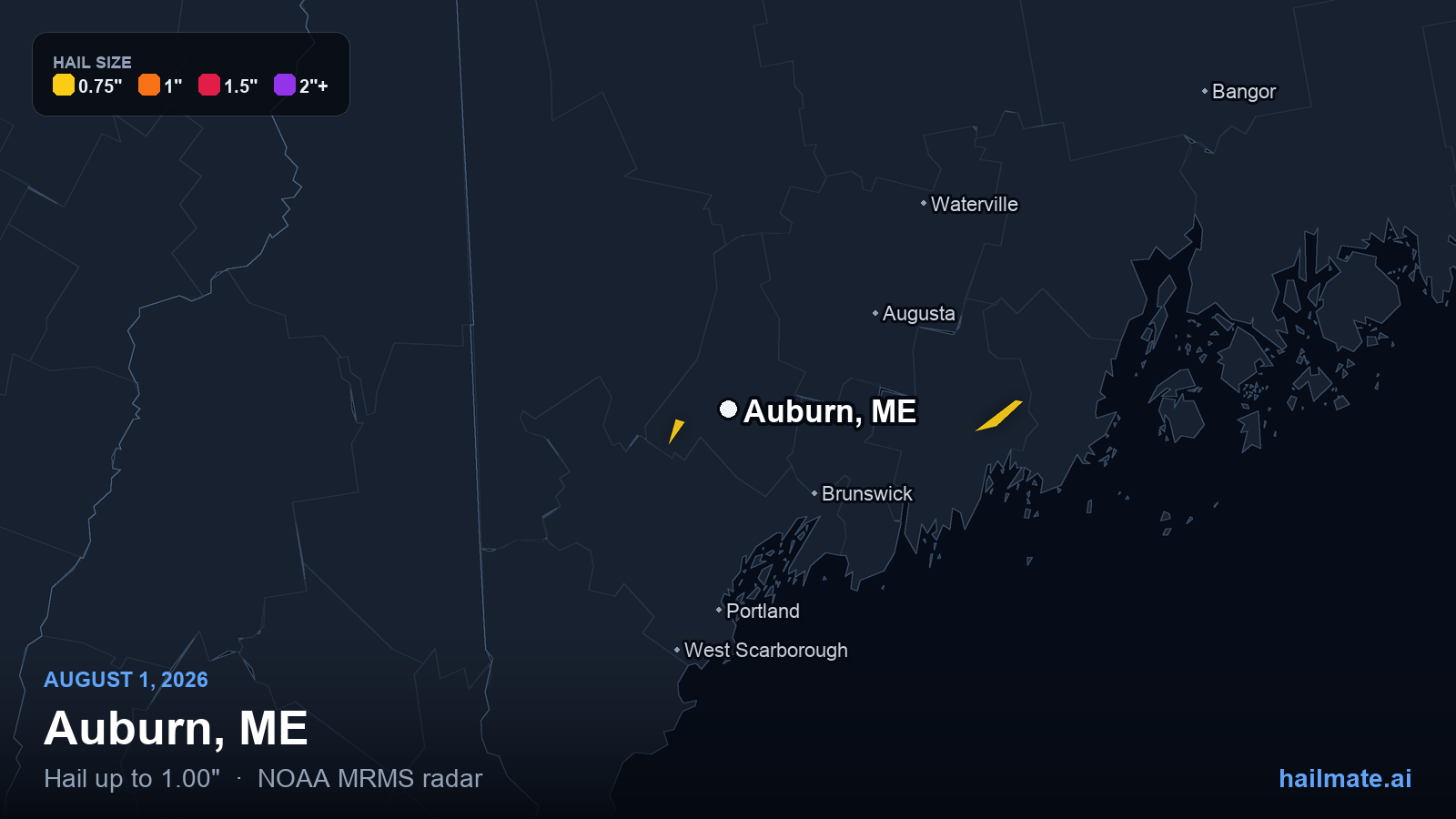 Hail swath map for Auburn, ME on August 1, 2026 showing 1.00 inch hail.