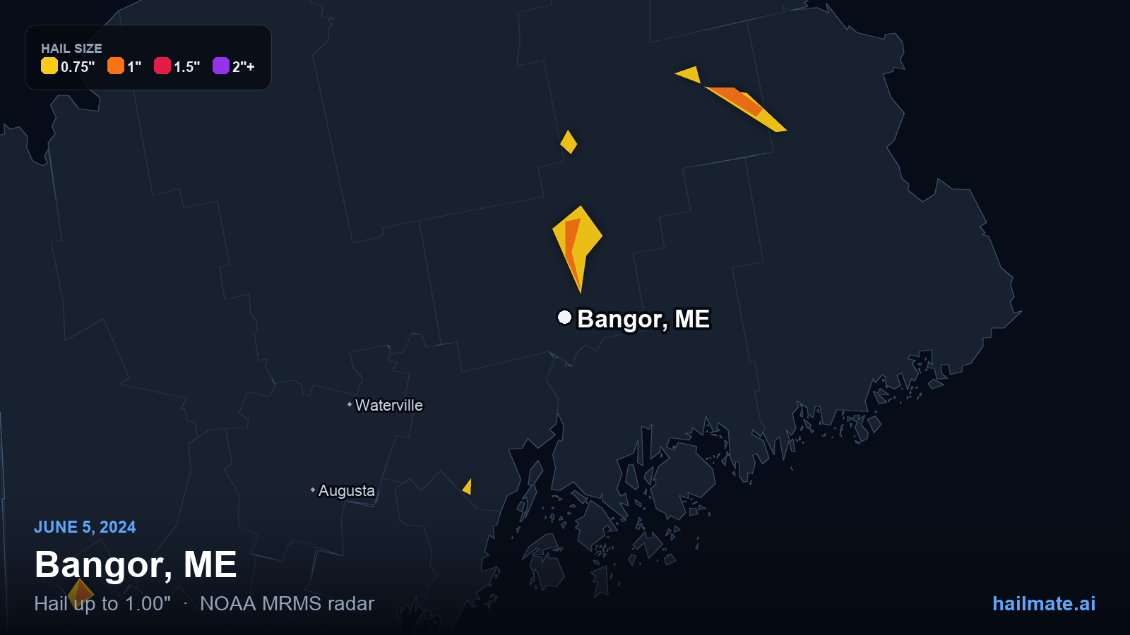 Hail swath map for Bangor, ME on June 5, 2024 showing 1.00 inch hail.