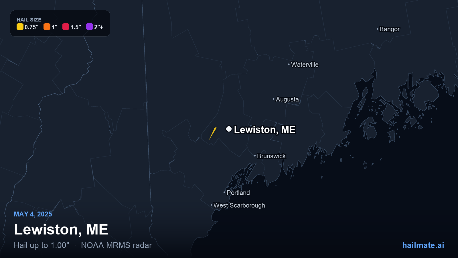 Hail swath map for Lewiston, ME on May 4, 2025 showing 1.00 inch hail.