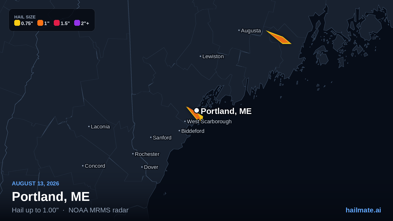 Hail swath map showing 1.00 inch hail over Portland, Maine on August 13, 2026.