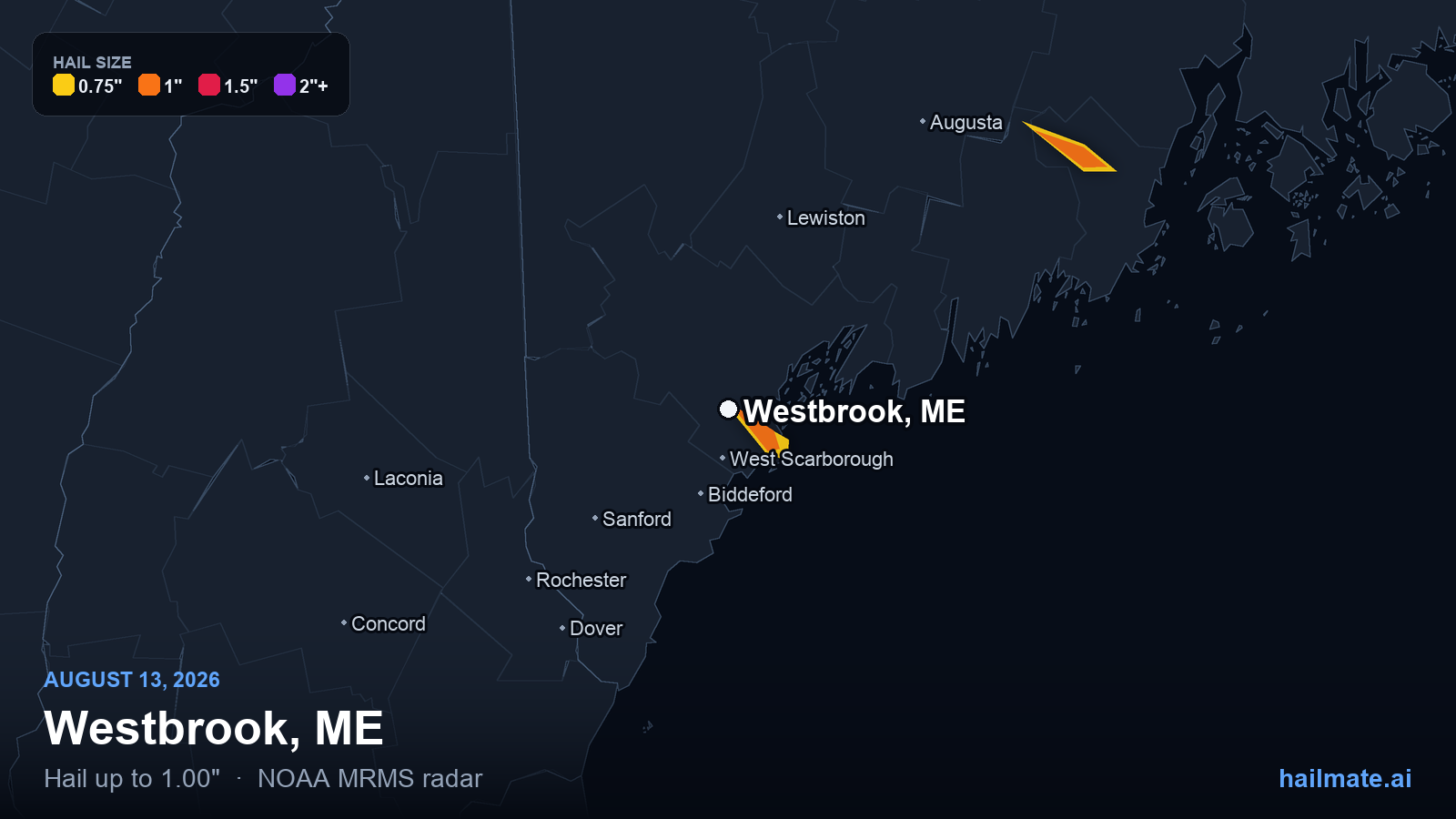 Hail swath map for Westbrook, ME on August 13, 2026 showing 1.00 inch hail.