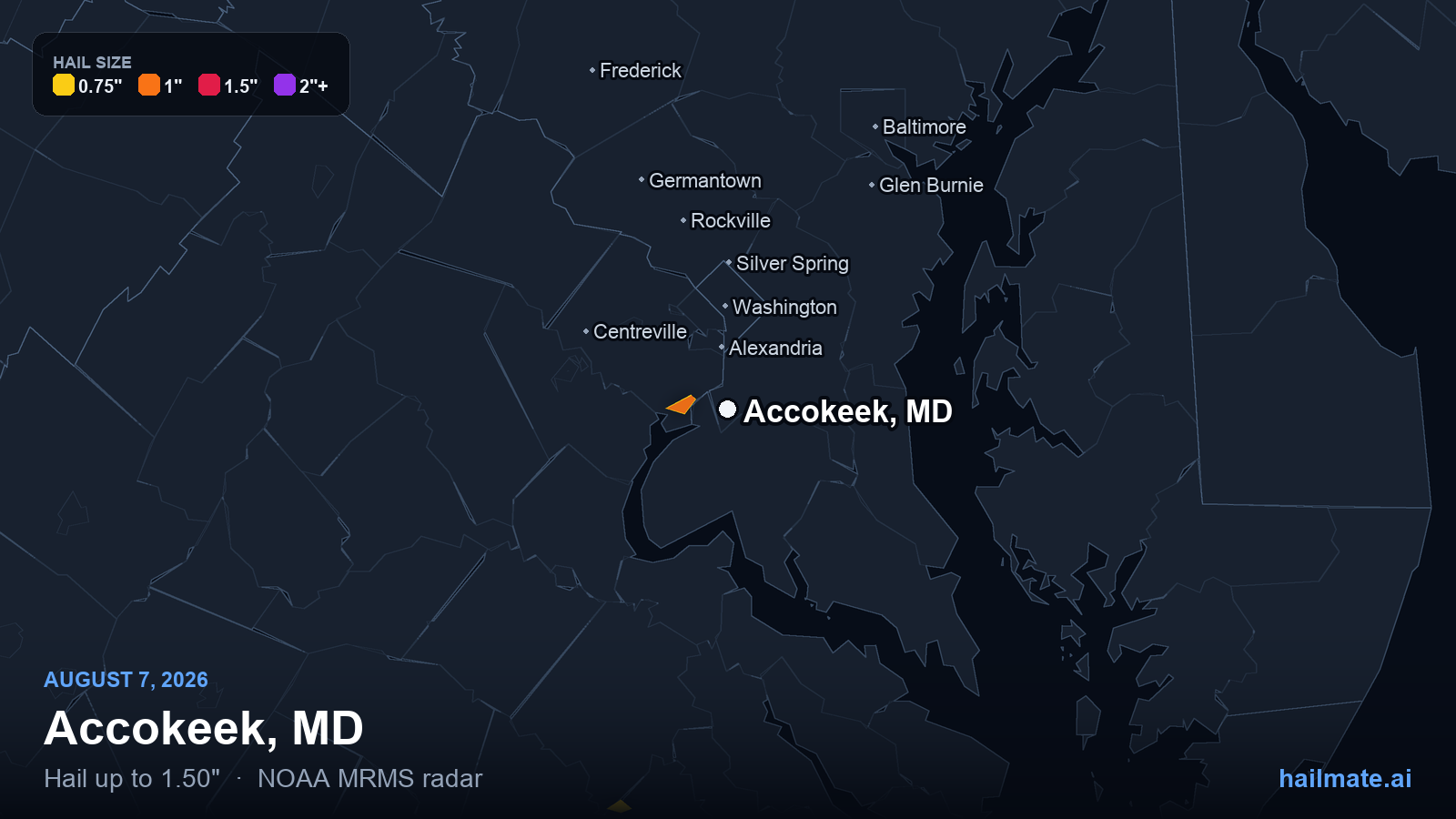 Hail swath map for Accokeek, MD on August 7, 2026 showing 1.50 inch hail.
