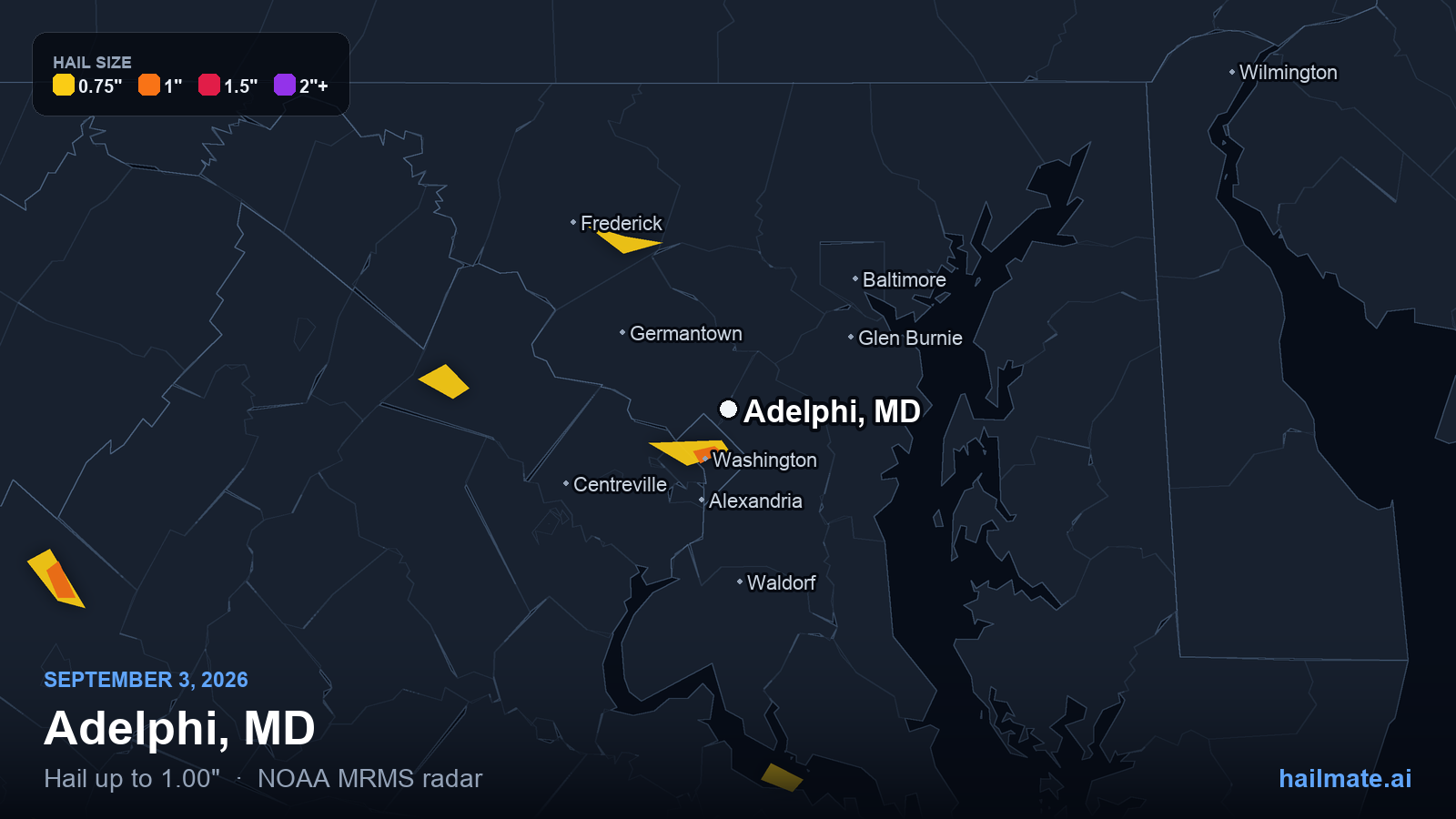 Hail swath map for Adelphi, MD on September 3, 2026 showing 1.00 inch hail.