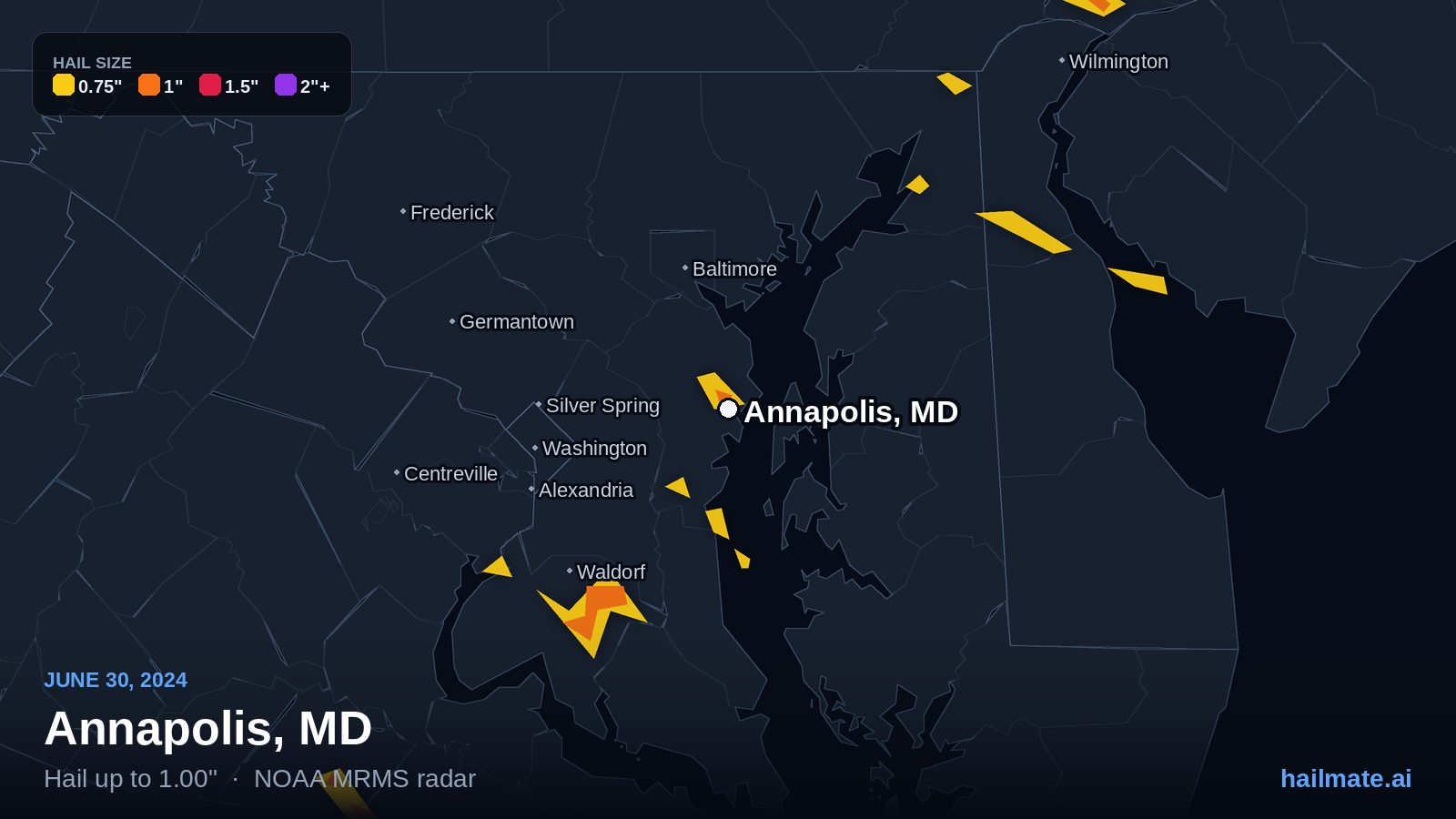 Hail swath map for Annapolis, MD on June 30, 2024 showing 1.00 inch hail.