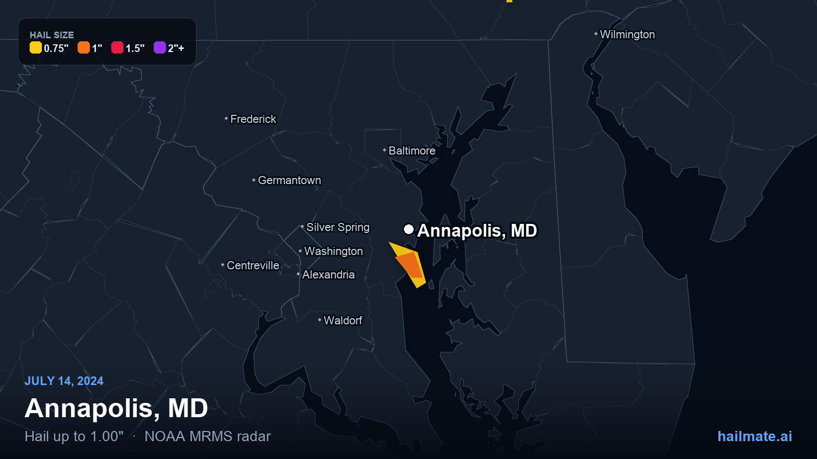 Hail swath map for Annapolis, MD on July 14, 2024 showing 1.00 inch hail.