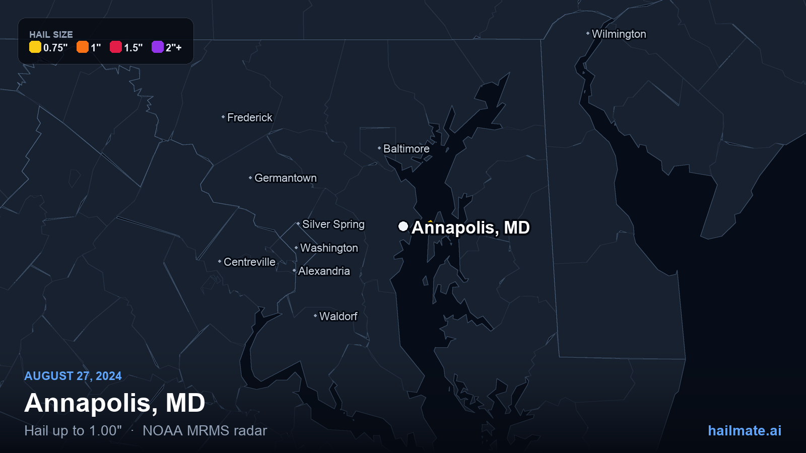 Hail swath map for Annapolis, MD on August 27, 2024 showing 1.00 inch hail.