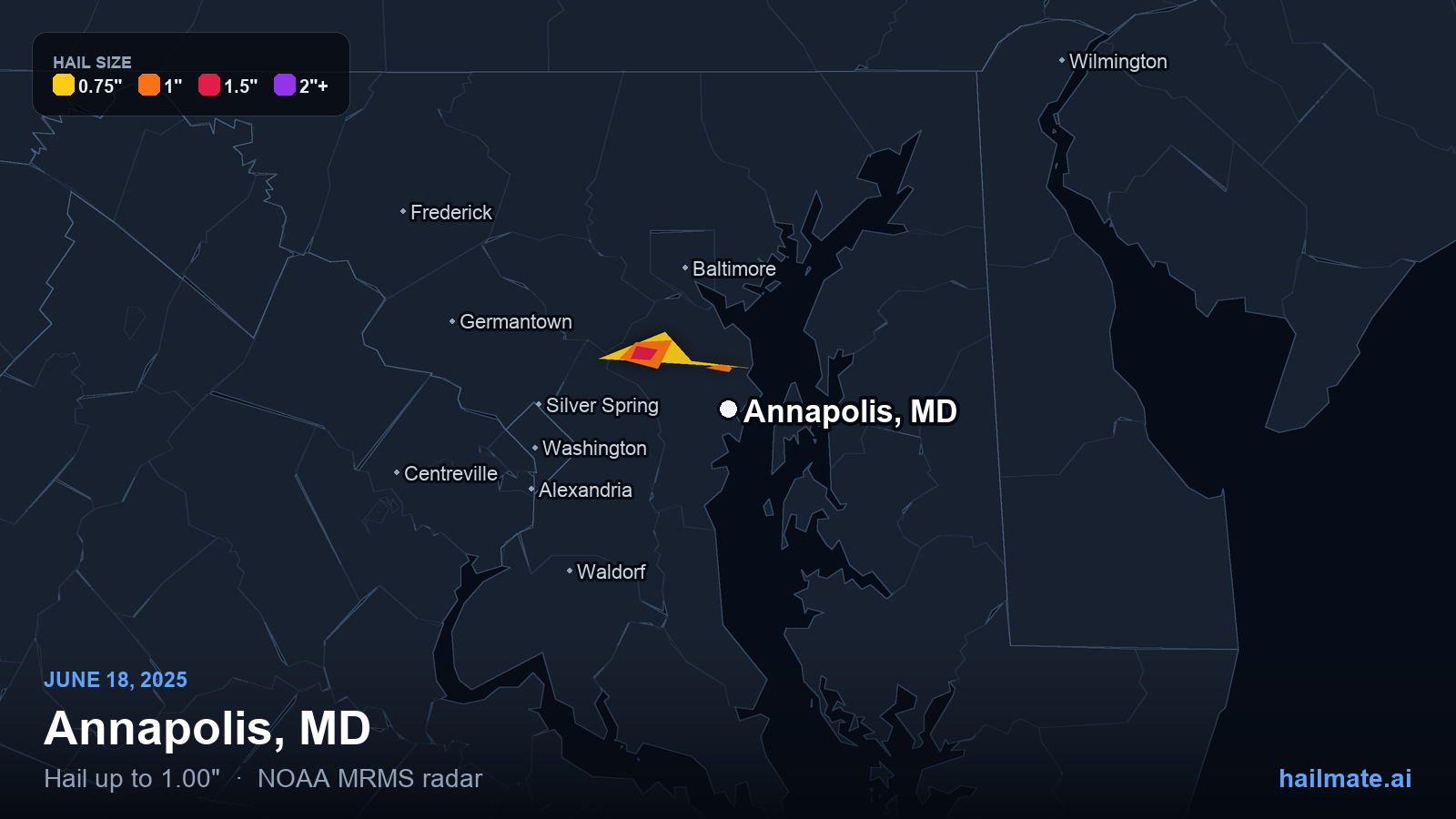 Hail swath map for Annapolis, MD on June 18, 2025 showing 1.00 inch hail.