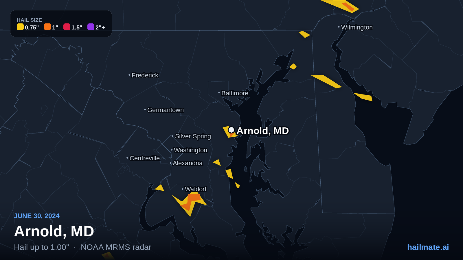 Hail swath map for Arnold, MD on June 30, 2024 showing 1.00 inch hail.
