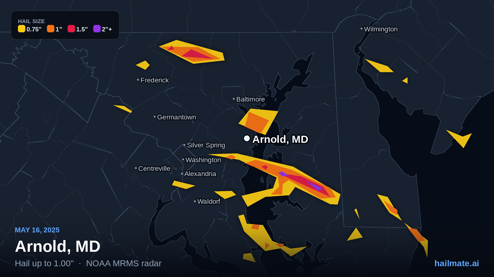 Hail swath map for Arnold, MD on May 16, 2025 showing 1.00 inch hail.