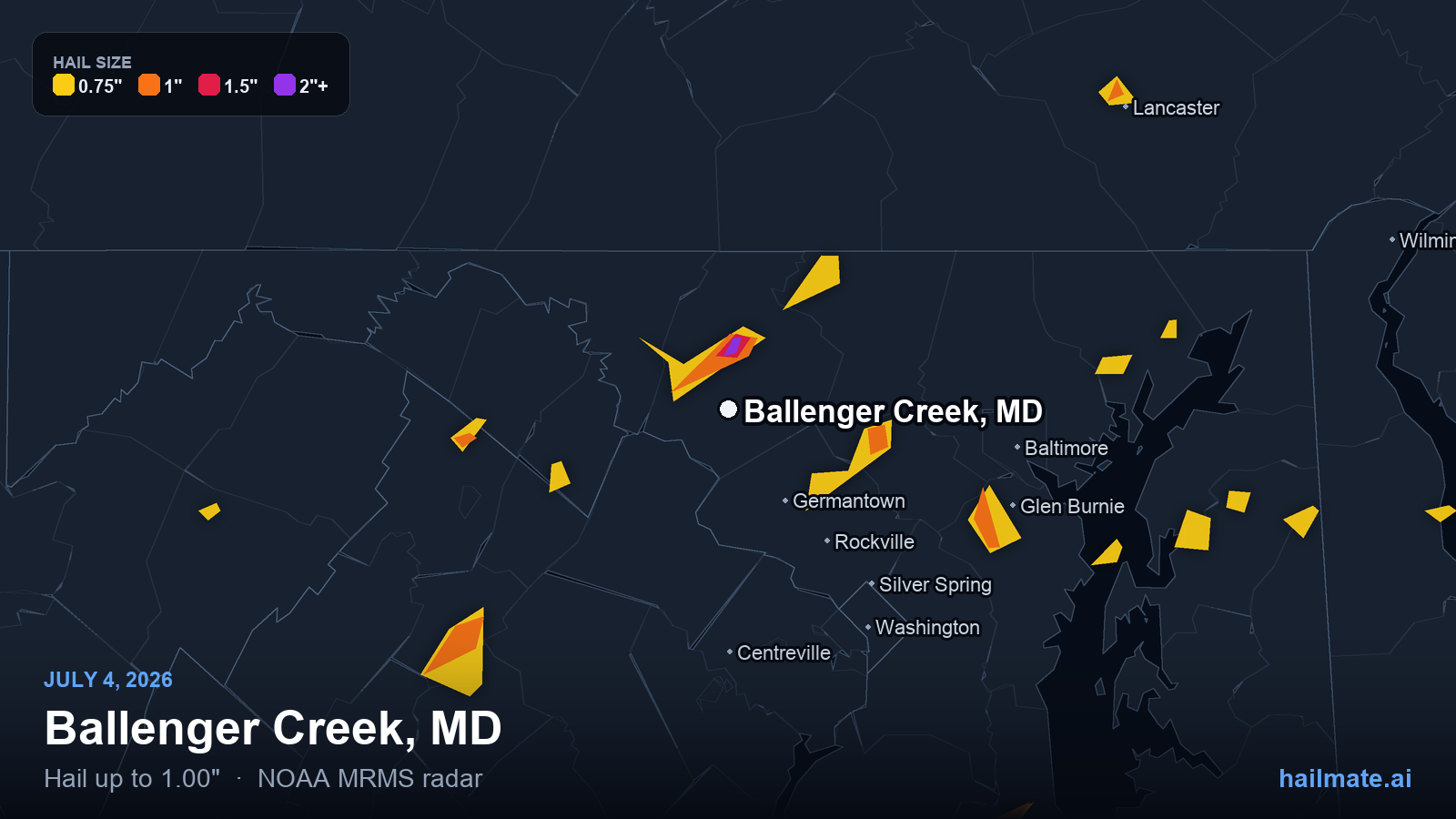 Hail swath map for Ballenger Creek, MD on July 4, 2026 showing 1.00 inch hail.