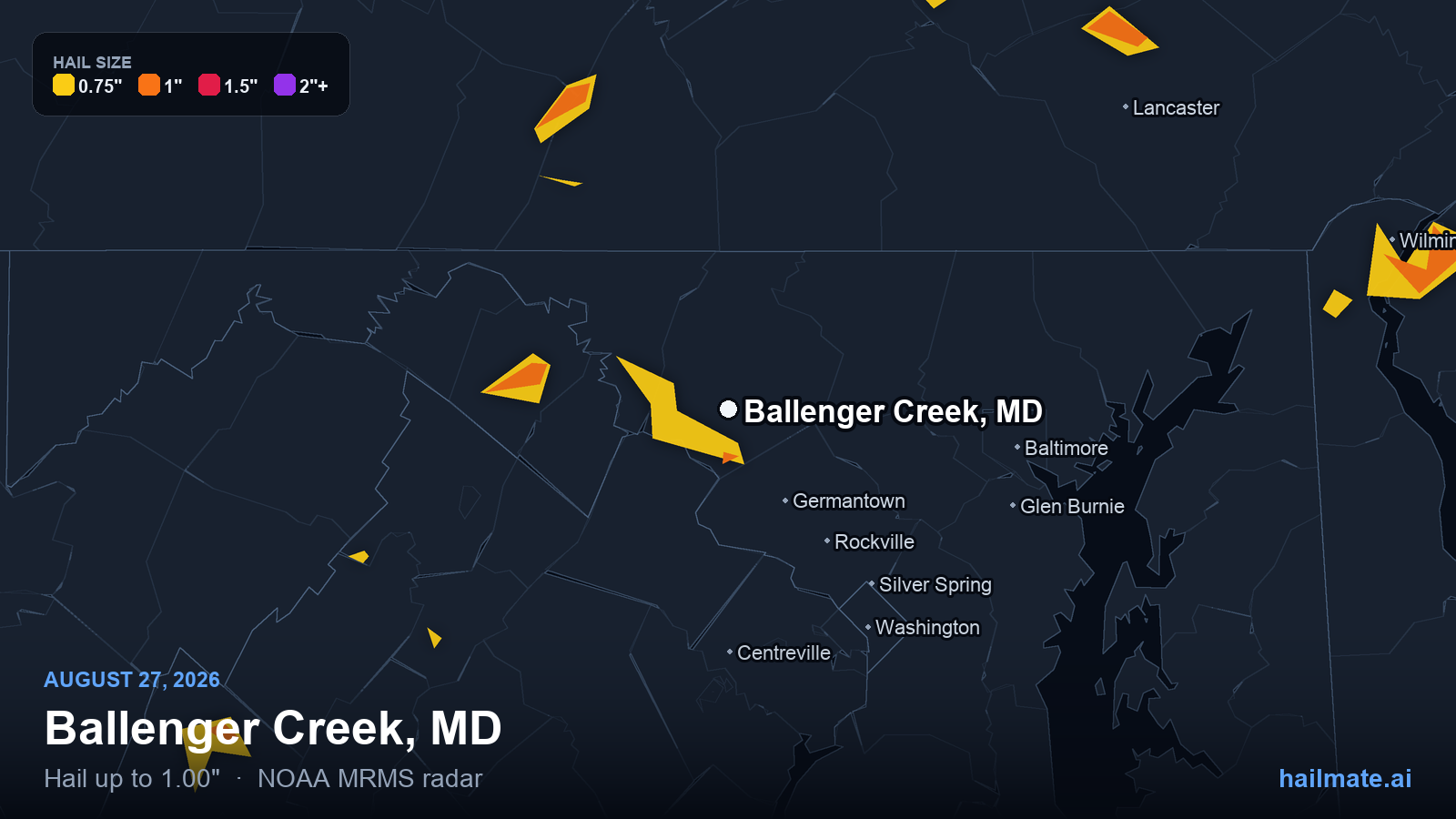 Hail swath map for Ballenger Creek, MD on August 27, 2026 showing 1.00 inch hail.