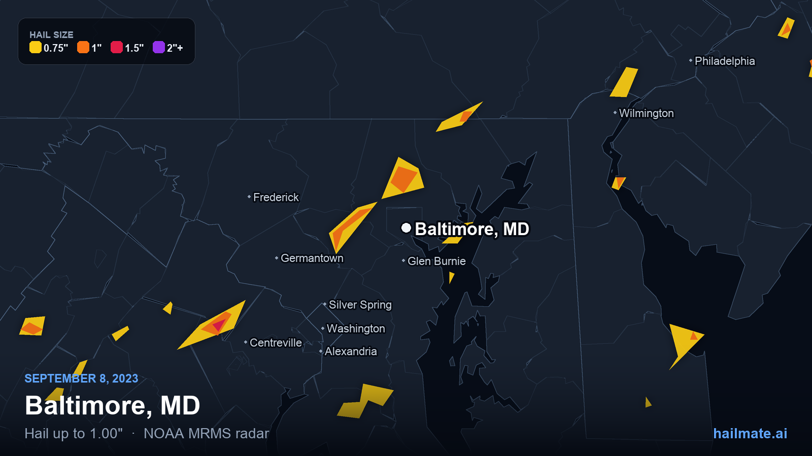 Hail swath map for Baltimore, MD on September 8, 2023 showing 1.00 inch hail.
