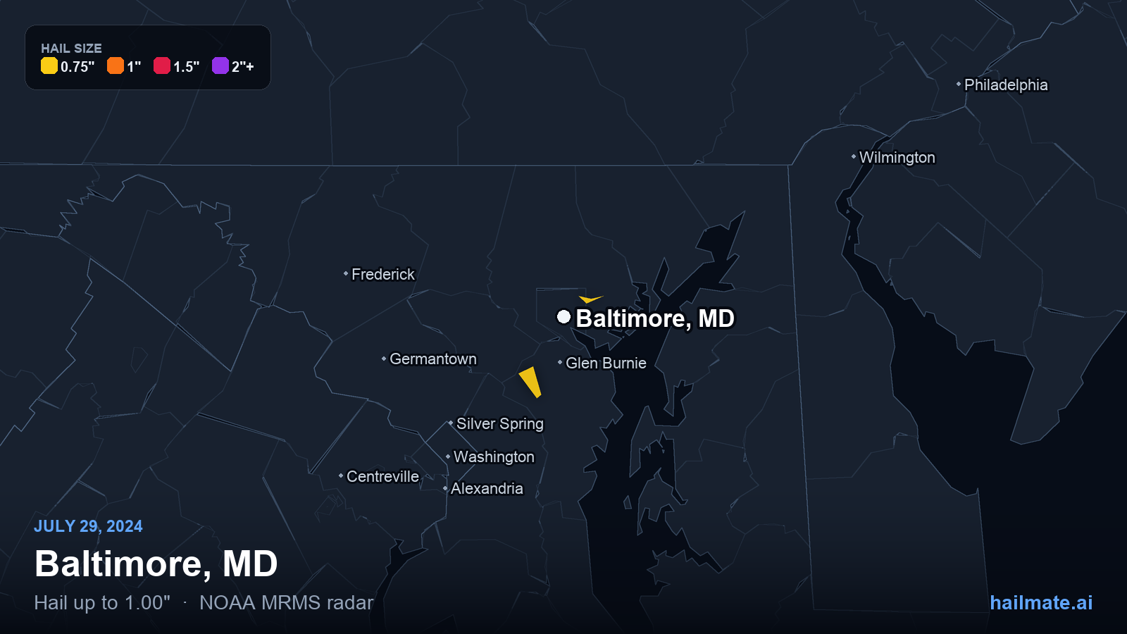 Hail swath map for Baltimore, MD on July 29, 2024 showing 1.00 inch hail.