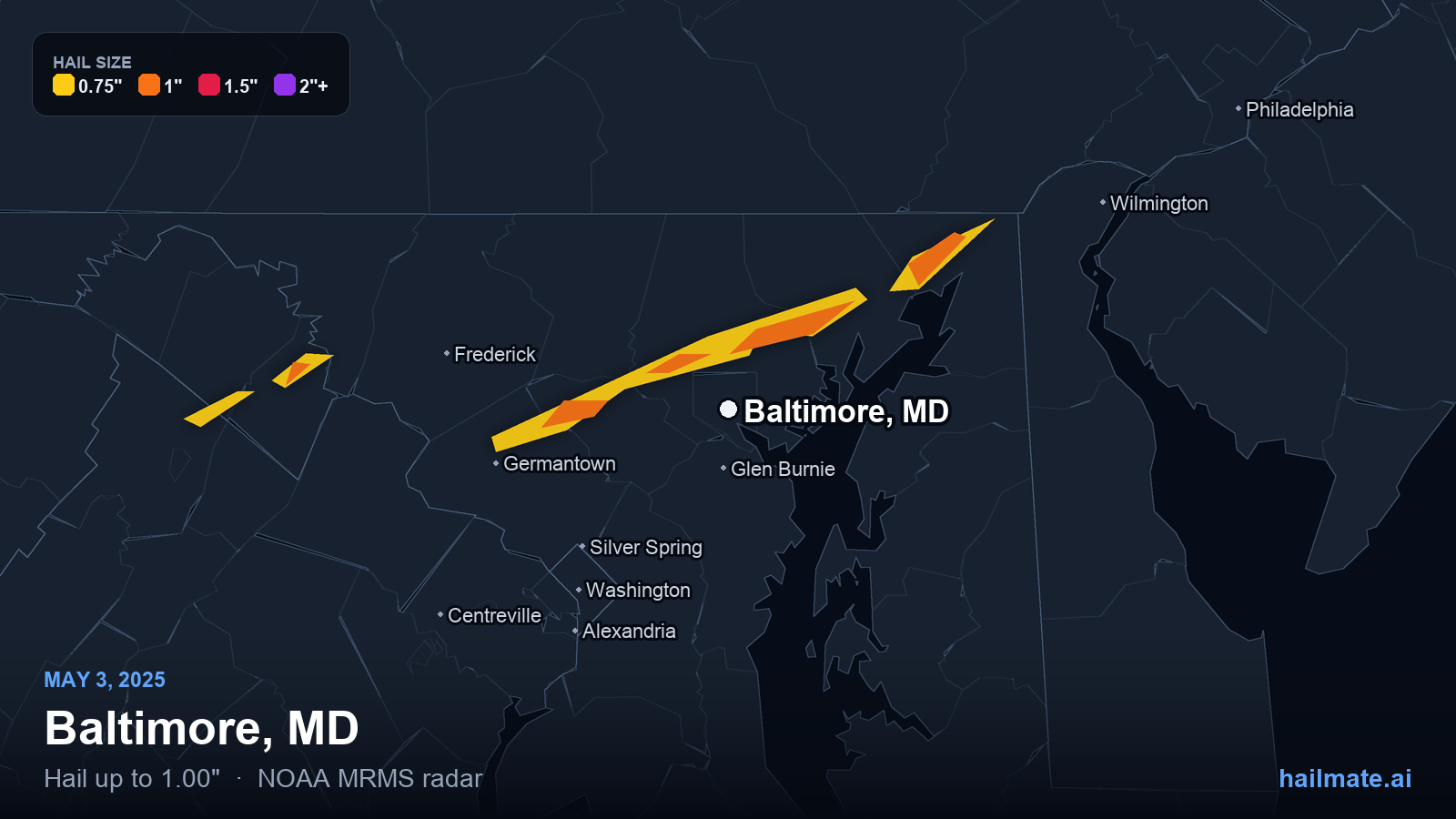 Hail swath map for Baltimore, MD on May 3, 2025 showing 1.00 inch hail.