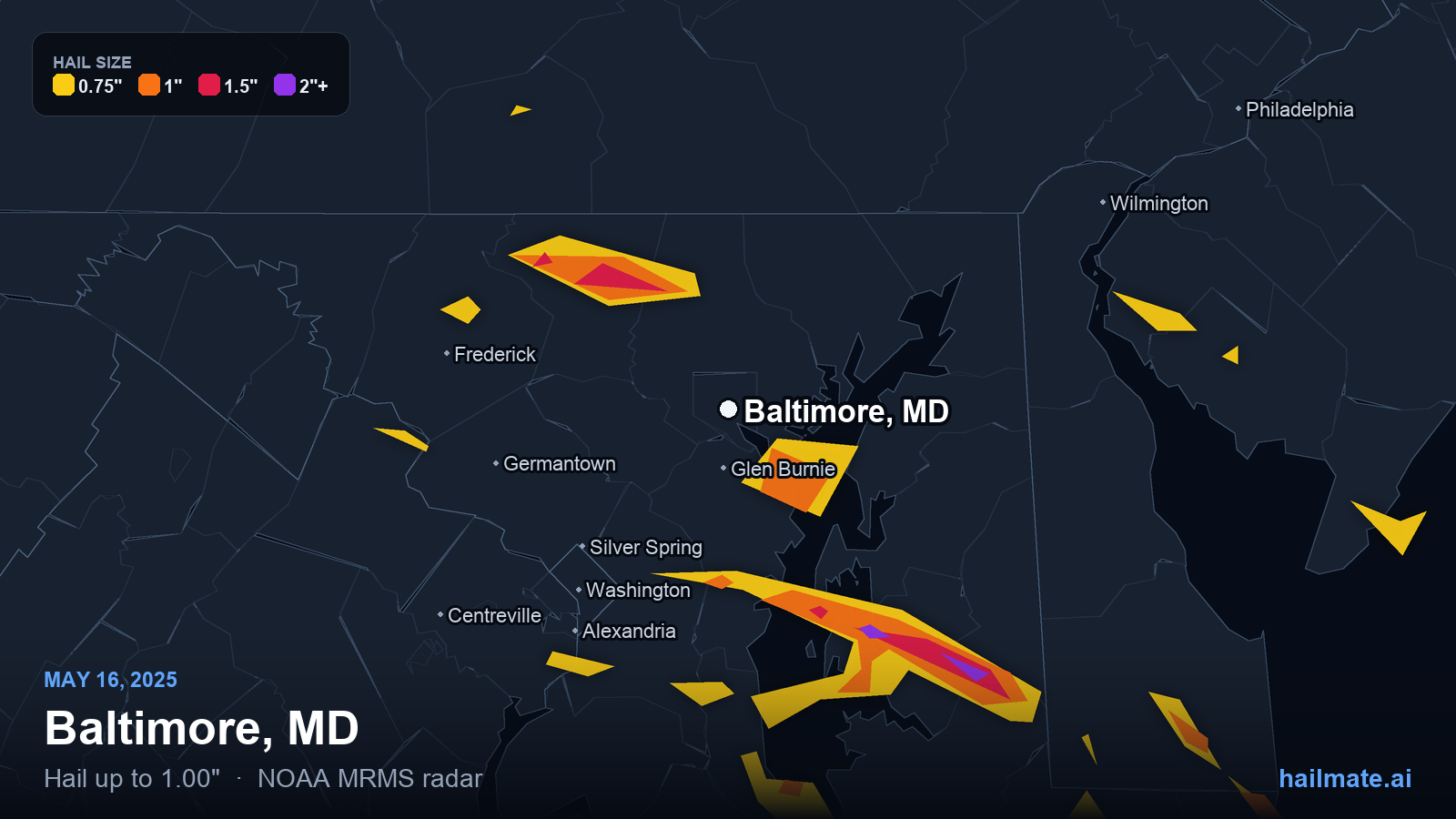 Hail swath map for Baltimore, MD on May 16, 2025 showing 1.00 inch hail.