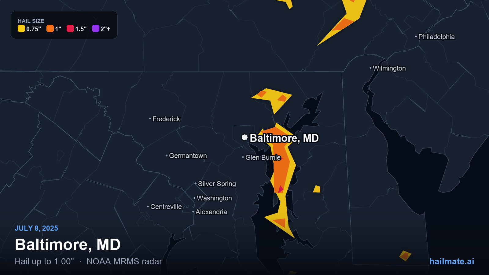 Hail swath map for Baltimore, MD on July 8, 2025 showing 1.00 inch hail.