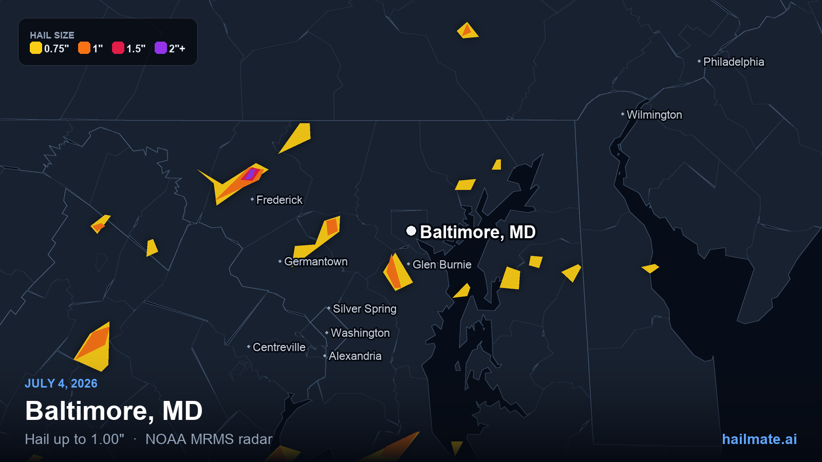 Hail swath map for Baltimore, MD on July 4, 2026 showing 1.00 inch hail.