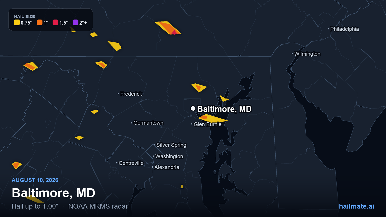 Hail swath map for Baltimore, MD on August 10, 2026 showing 1.00 inch hail.