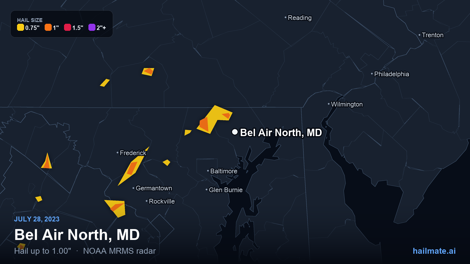 Hail swath map for Bel Air North, MD on July 28, 2023 showing 1.00 inch hail.