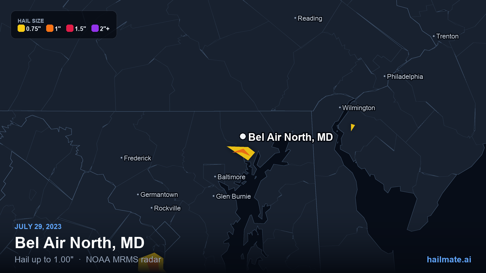 Hail swath map for Bel Air North, MD on July 29, 2023 showing 1.00 inch hail.