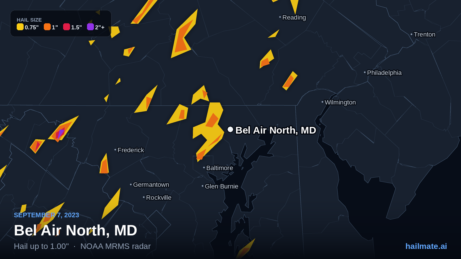Hail swath map for Bel Air North, MD on September 7, 2023 showing 1.00 inch hail.