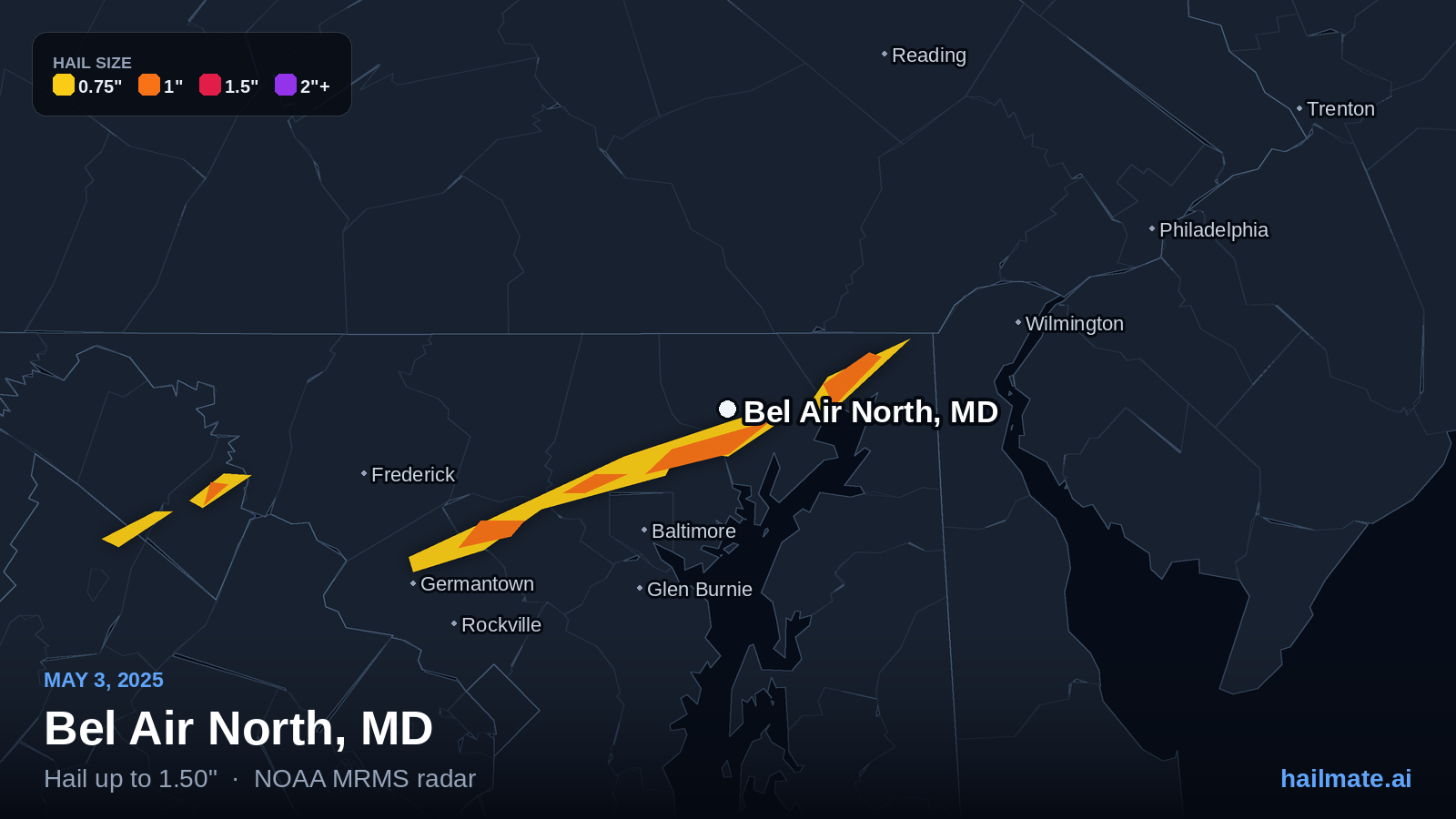 Hail swath map for Bel Air North, MD on May 3, 2025 showing 1.50 inch hail.