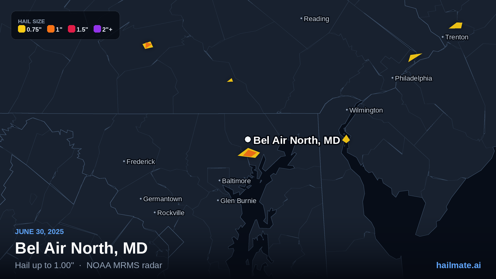 Hail swath map for Bel Air North, MD on June 30, 2025 showing 1.00 inch hail.