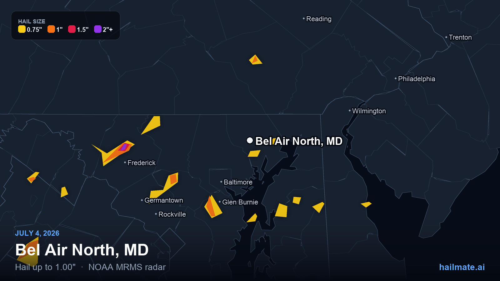 Hail swath map for Bel Air North, MD on July 4, 2026 showing 1.00 inch hail.