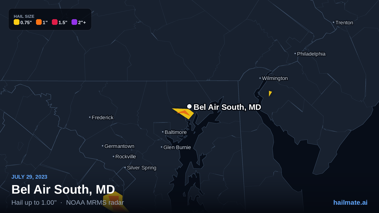 Hail swath map for Bel Air South, MD on July 29, 2023 showing 1.00 inch hail.