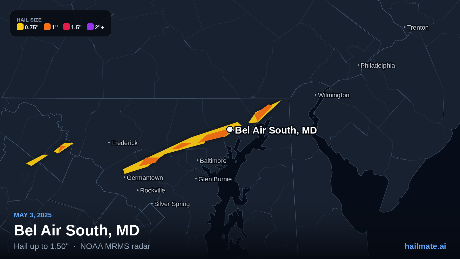 Hail swath map for Bel Air South, MD on May 3, 2025 showing 1.50 inch hail.