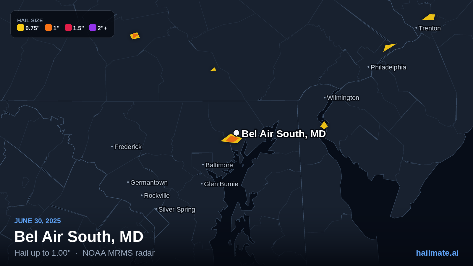 Hail swath map for Bel Air South, MD on June 30, 2025 showing 1.00 inch hail.