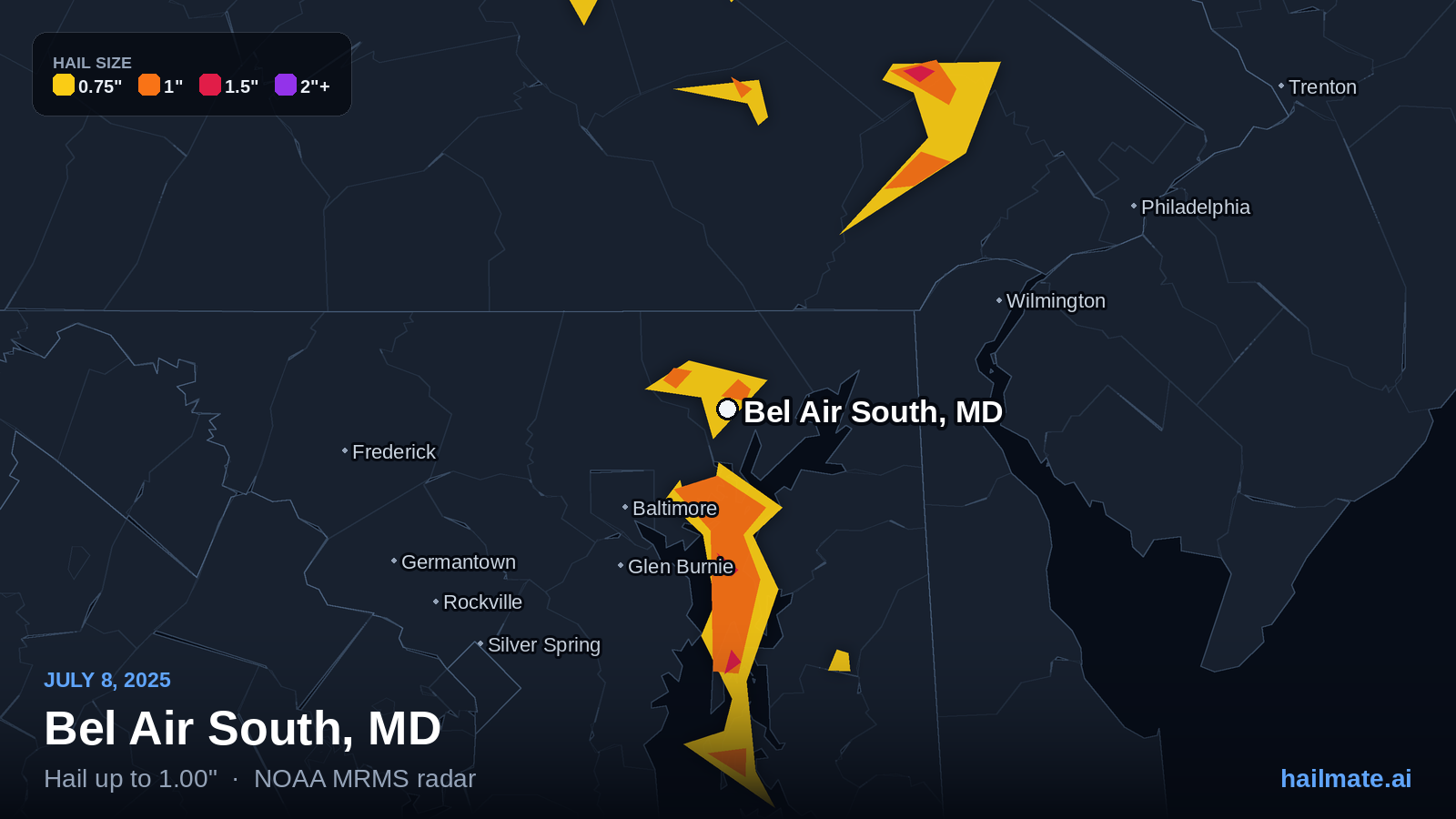 Hail swath map for Bel Air South, MD on July 8, 2025 showing 1.00 inch hail.