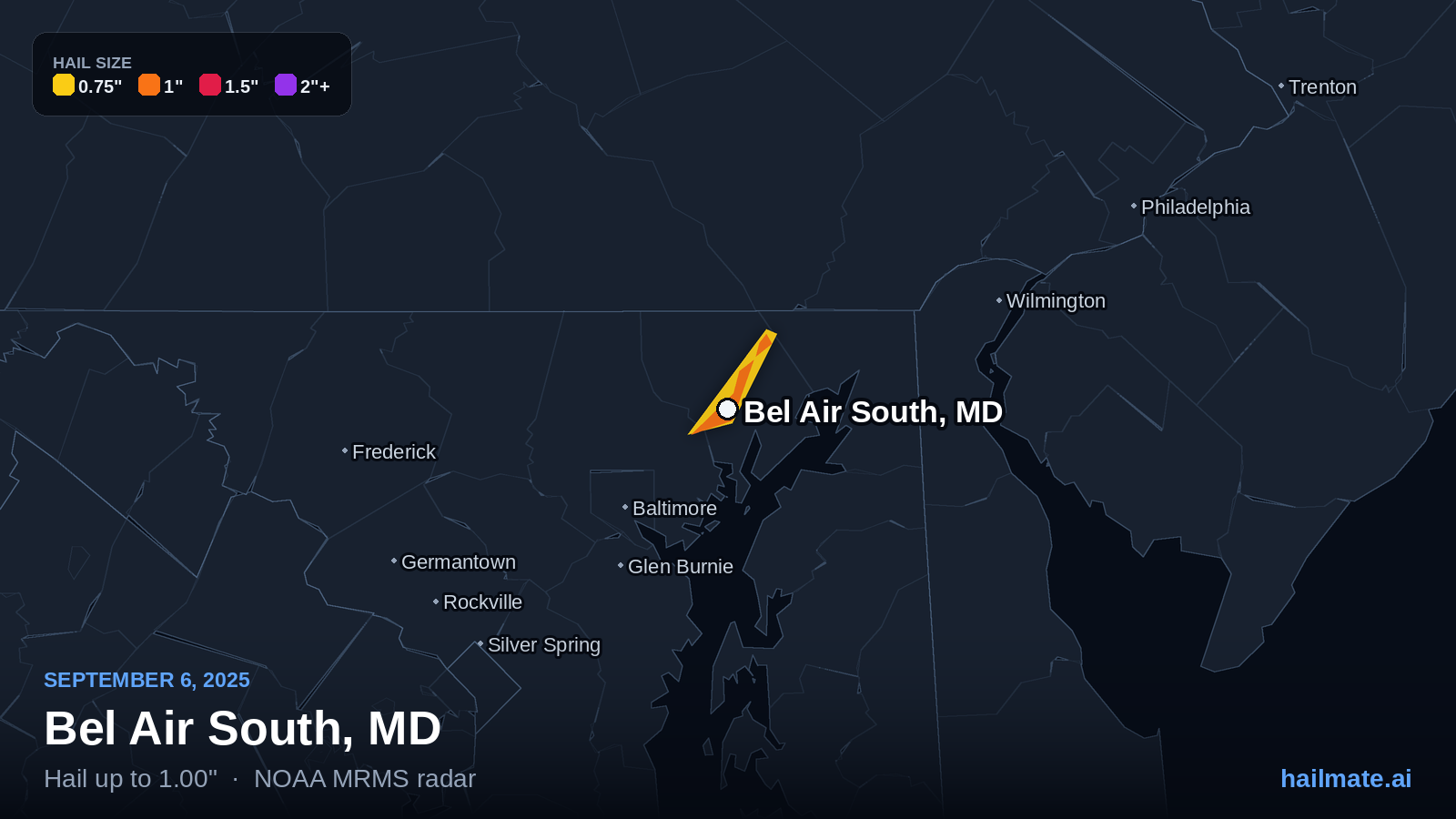 Hail swath map for Bel Air South, MD on September 6, 2025 showing 1.00 inch hail.