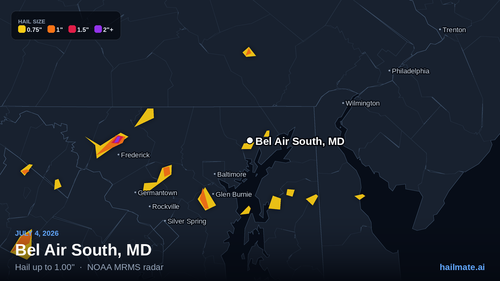 Hail swath map for Bel Air South, MD on July 4, 2026 showing 1.00 inch hail.