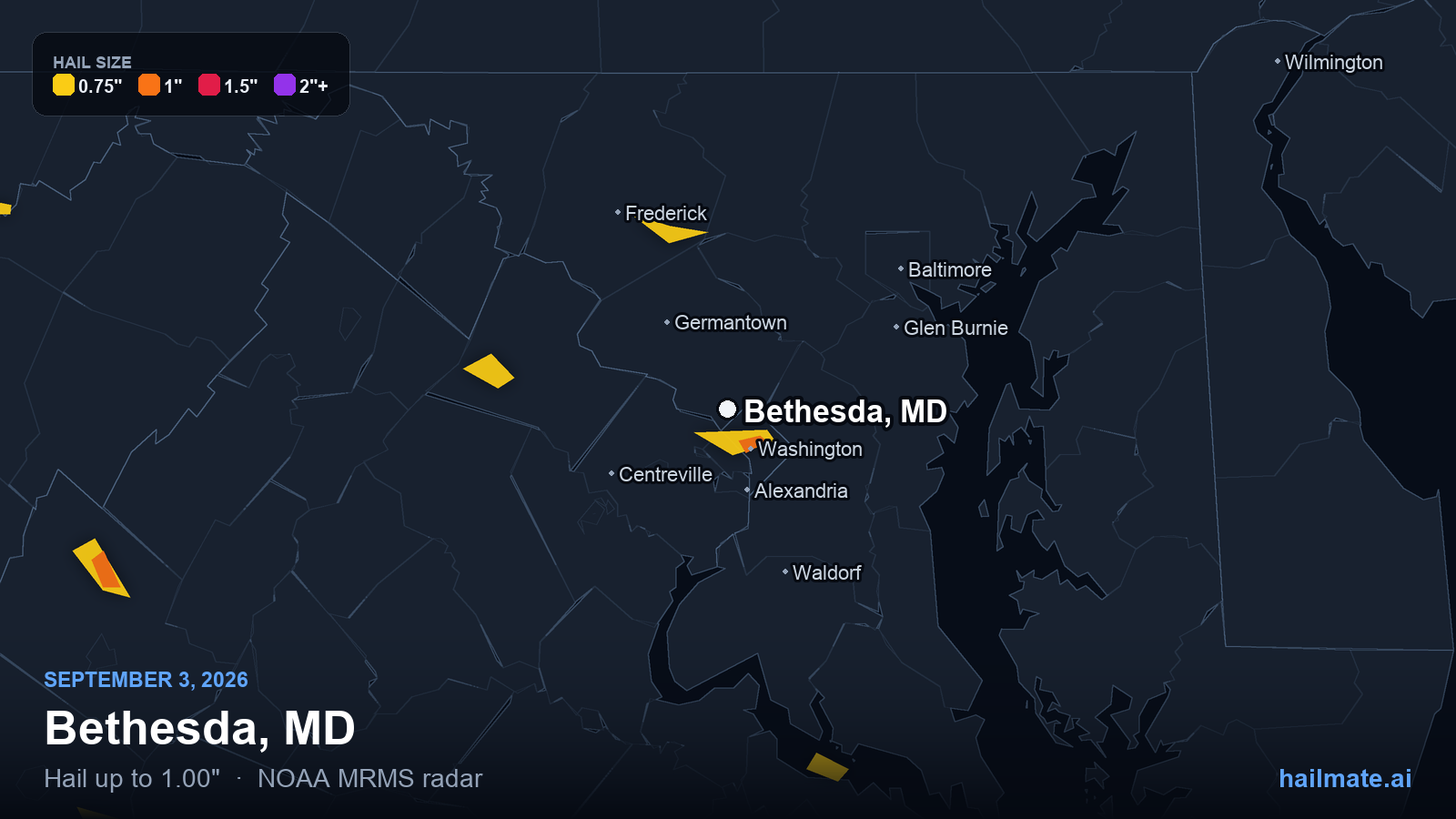Hail swath map for Bethesda, MD on September 3, 2026 showing 1.00 inch hail.