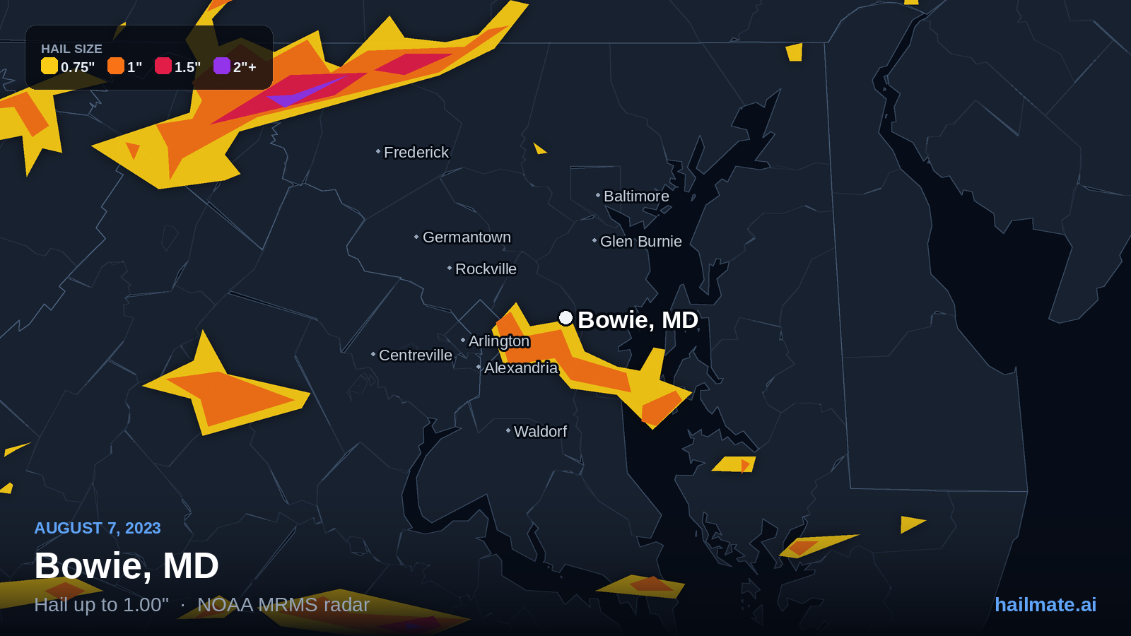 Hail swath map for Bowie, MD on August 7, 2023 showing 1.00 inch hail.