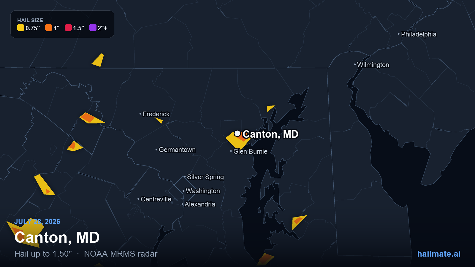 Hail swath map for Canton, MD on July 28, 2026 showing 1.50 inch hail.