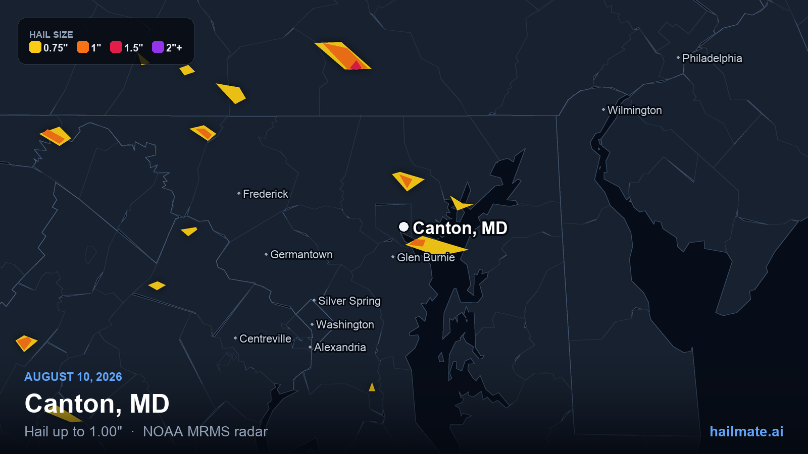 Hail swath map for Canton, MD on August 10, 2026 showing 1.00 inch hail.