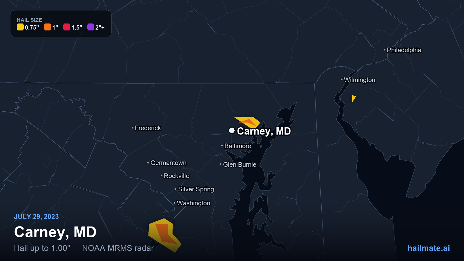Hail swath map for Carney, MD on July 29, 2023 showing 1.00 inch hail.