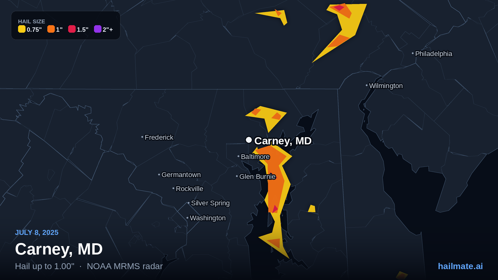 Hail swath map for Carney, MD on July 8, 2025 showing 1.00 inch hail.
