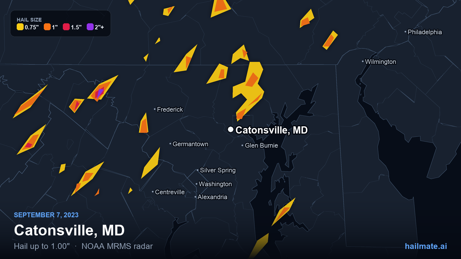 Hail swath map for Catonsville, MD on September 7, 2023 showing 1.00 inch hail.