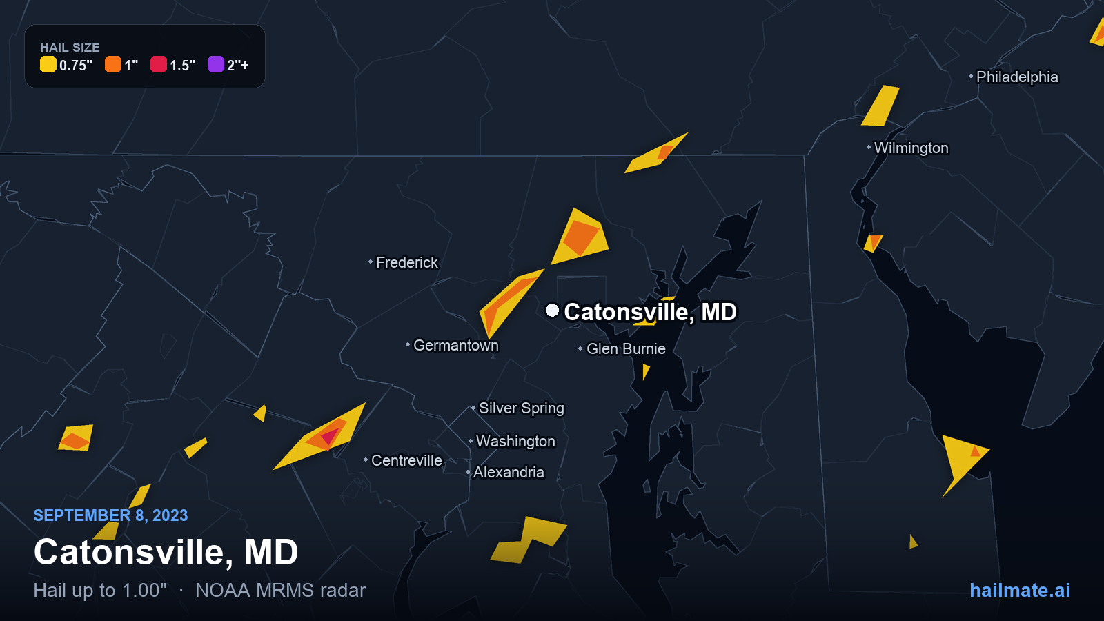 Hail swath map for Catonsville, MD on September 8, 2023 showing 1.00 inch hail.