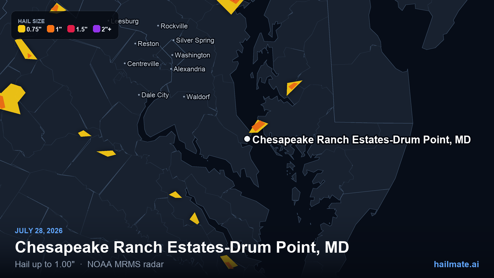 Hail swath map for Chesapeake Ranch Estates-Drum Point, MD on July 28, 2026 showing 1.00 inch hail.